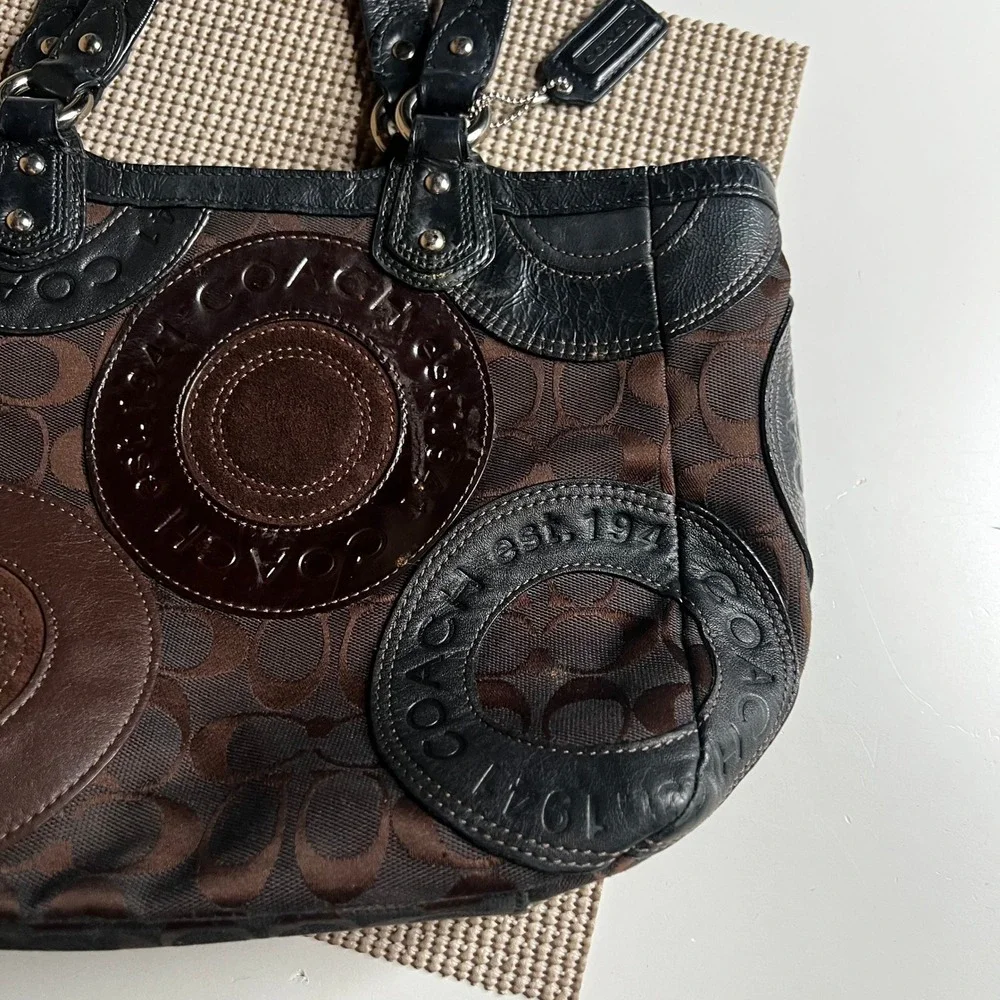 Coach Audrey Signature Patchwork Tote Brown Black Jacquard Leather Bag F15466